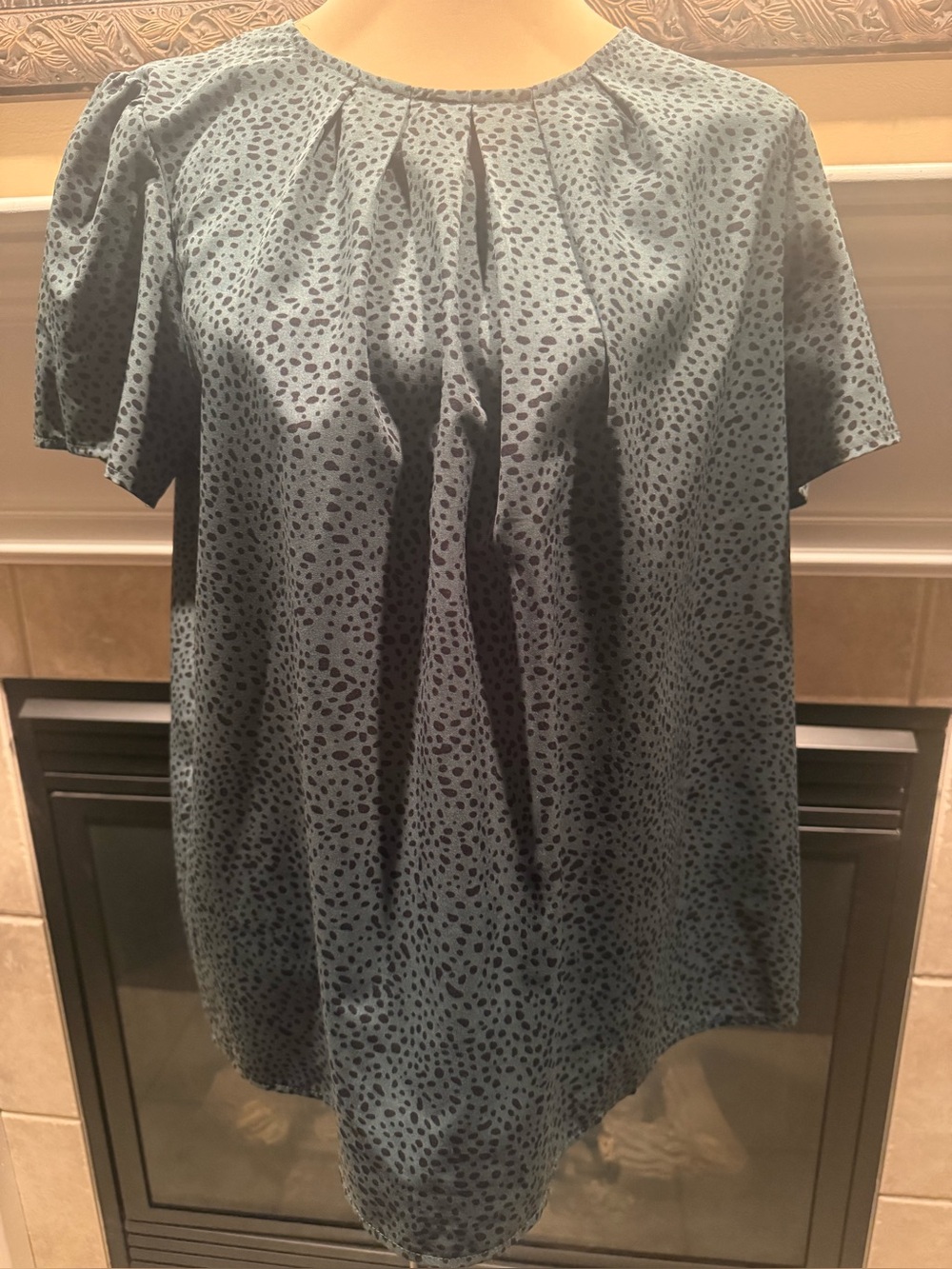 Women's Green Speckle Puffed Short Sleeve Pleated Neck Work Blouse XL